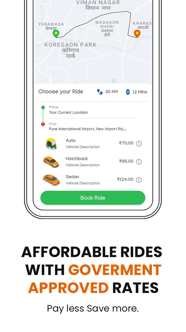 The Buggy rider app showing route, fare estimate and vehicle options