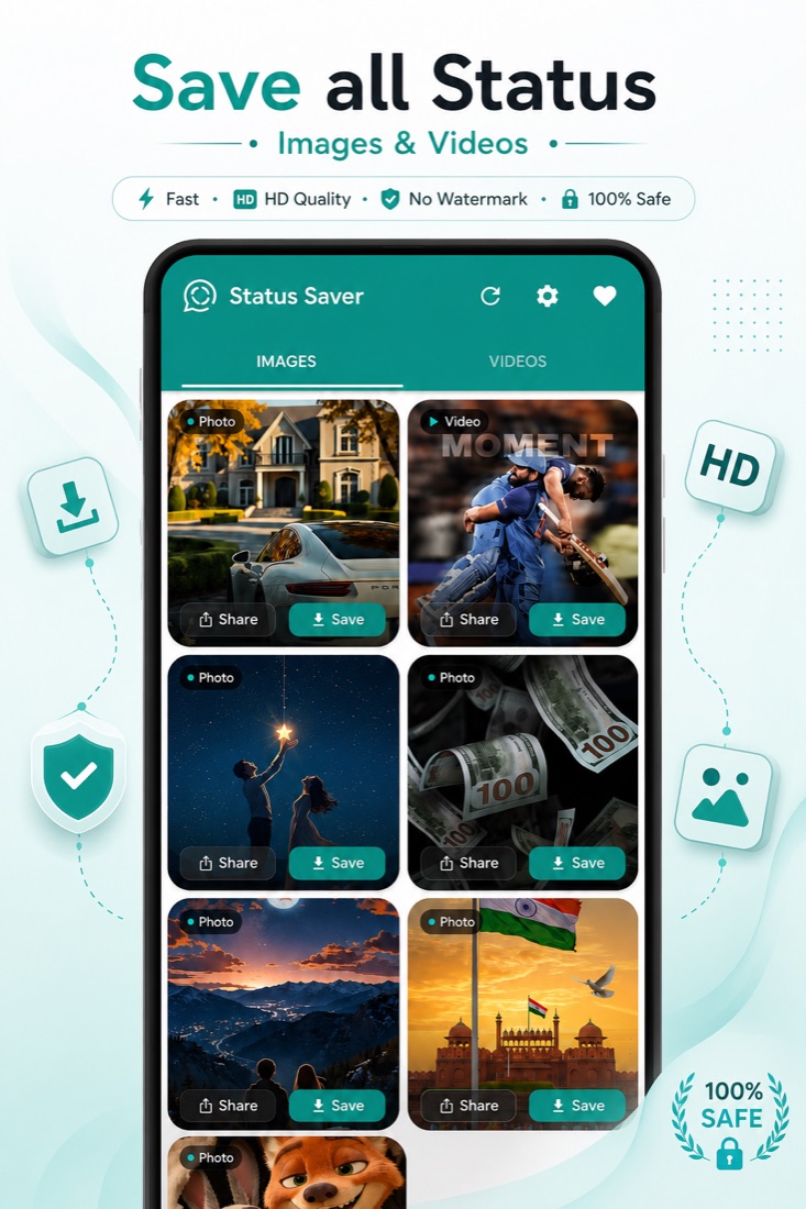 The Status Saver app showing saved WhatsApp status images and videos