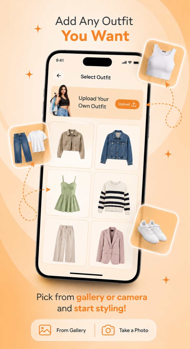 The TryWare AI outfit picker, with garments to try on and an upload option