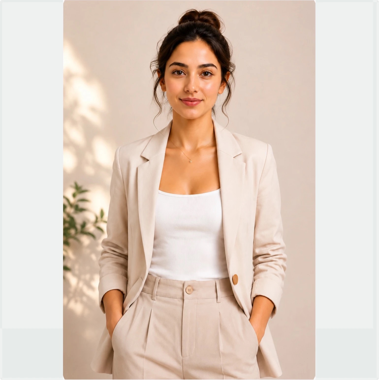 TryWare AI — the same shopper rendered wearing a beige blazer suit