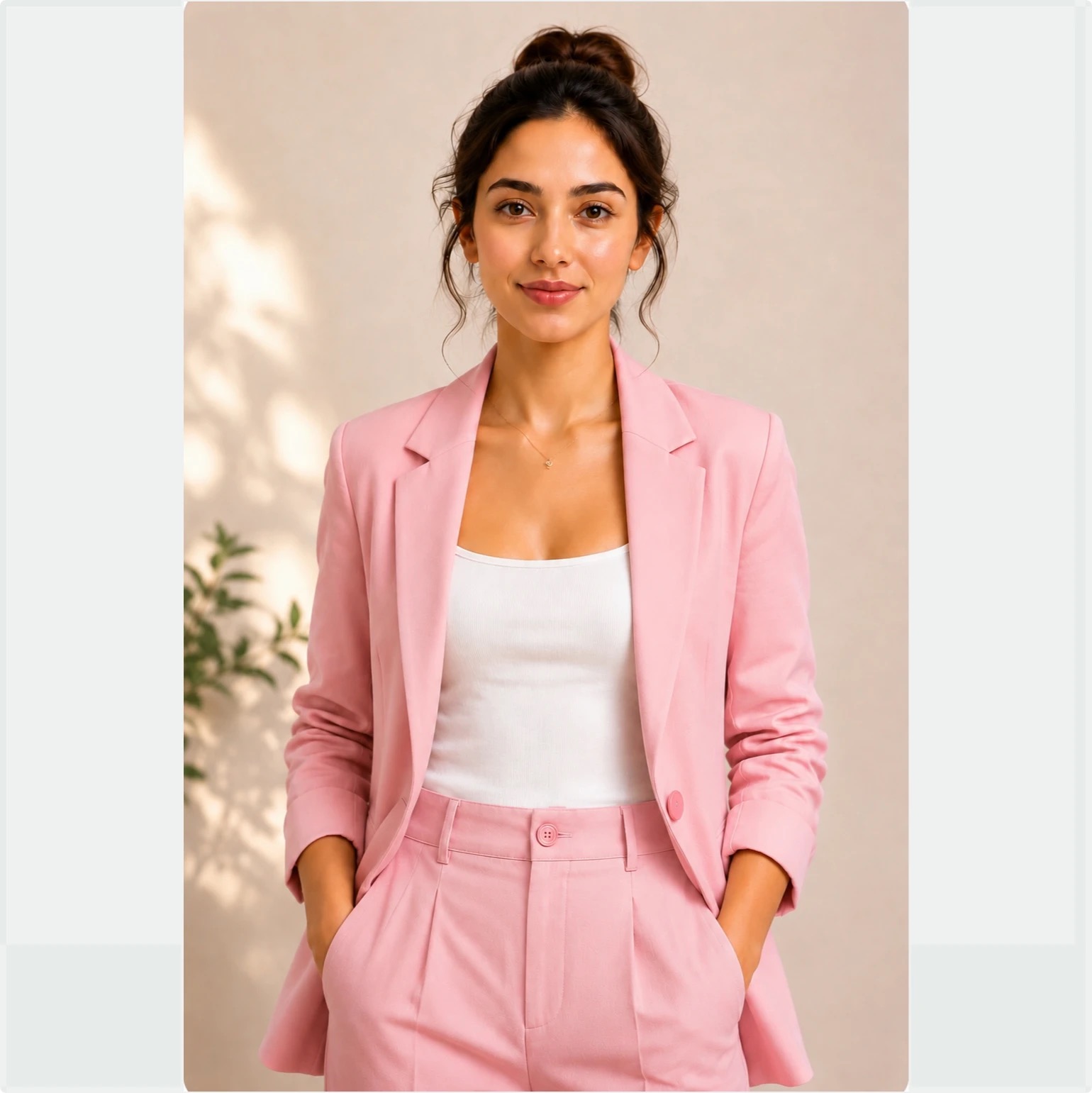 TryWare AI — the original photo of a shopper in a pink blazer suit